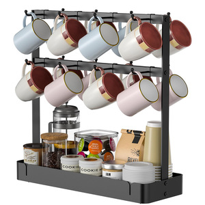 Movable Hook Coffee Cup Holder 3 Tier Black Standing Mug Rack With Storage <b>Tray</b> For <b>Kitchen</b> Utensils - Product Image 1