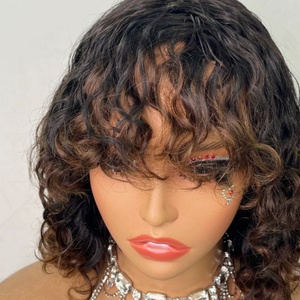 Perruques Bob 12 pouces à franges ondulées, 200% de densité, sans dentelle, 100% cheveux humains, cheveux brésiliens Remy, bouclées - Product Image 4