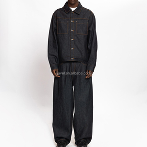 Ensemble de veste <span class=keywords><strong>en</strong></span> jean à jambes larges et boutons pour <span class=keywords><strong>homme</strong></span>, sur mesure OEM, fabricant de jeans 14OZ, survêtement vintage court pour <span class=keywords><strong>homme</strong></span> - Product Image 2