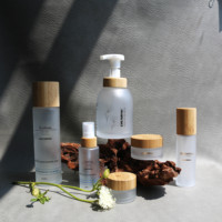 Bouteilles de soins de la peau sans air en plastique ambré avec joint de pompe supérieure en bambou pour les masques de sérum et de lotion pour les soins de la peau