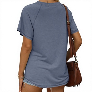 T-shirt bleu col rond pour femme 100 % coton jersey, couleur unie décontractée, respirant, coupe ajustée, manches courtes, avec poche, en vente en ligne - Product Image 6