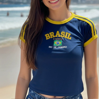 Collection Été 2026 : Vêtements de sport pour femmes à manches courtes, style régulier, avec broderie de lettres brésiliennes, vente en gros, style urbain tendance INS