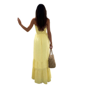 Vestido Maxi Amarillo Sin Tirantes con Estampado de Puntos, Vestido Casual de Verano con Corte en A, Transpirable, de Gasa Tejida con Dobladillo en Capas - Product Image 4