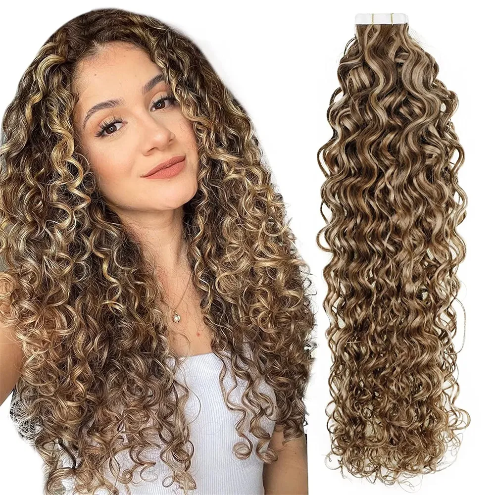 Double drawn Brazilian remy cuticle aligned hair highlight tape in human hair extensions with Loose Curly