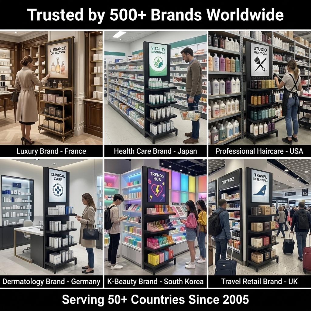 Wholesale Custom 4 Tier Floor Standing Metal Cosmetic Display Stand Retail Beauty Skin Care Display Rack with Branding Header — view 6