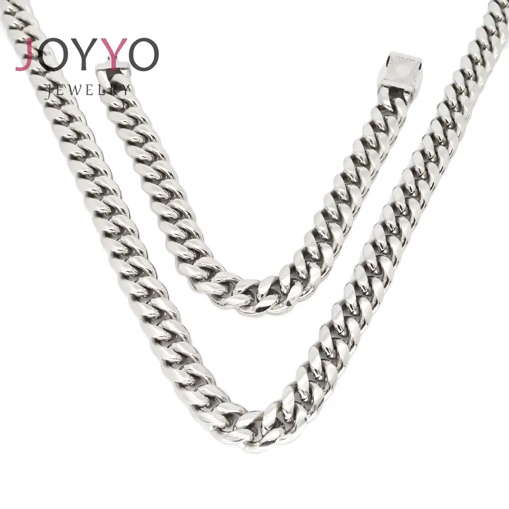Stainless Steel Set For Men High Polished Shiny Silver Necklace 12mm Big Size Cuban Necklace And Bracelet