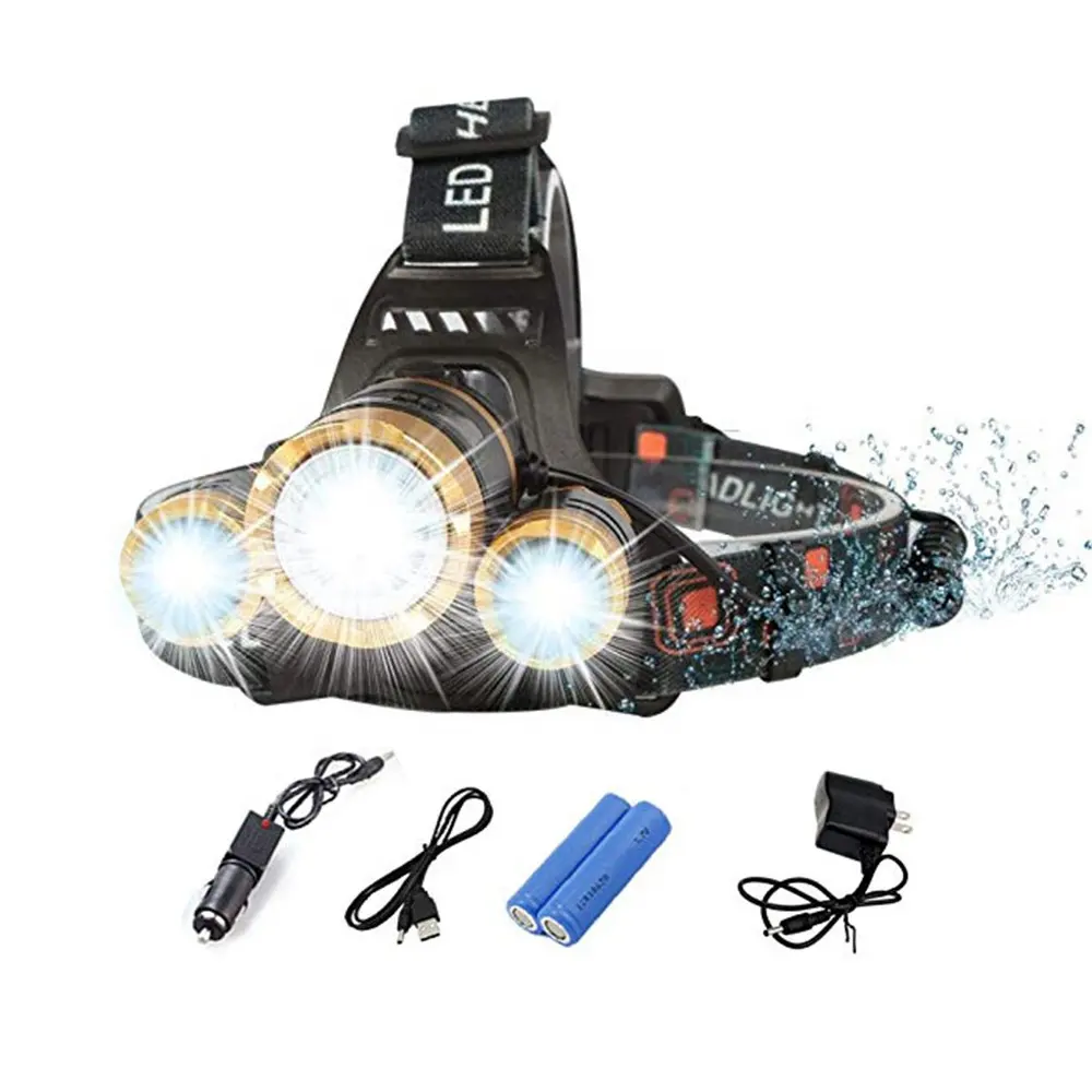 3000LM Powerful 3 Led Headlamp T6 Zoomable Head Flashlight 18650 Rechargeable Long Range Hunting Headlight