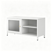 Buffet de rangement bas en métal blanc avec une seule porte vitrée, compartiment ouvert et bouton doré – Meuble de bureau commercial