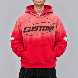 <span class=keywords><strong>Felpa</strong></span> con Cappuccio <span class=keywords><strong>Oversize</strong></span> Nera Lavata con Maniche Decorate con Perline Rosse, Stile Streetwear Distressed, Produzione OEM - Product Image 1