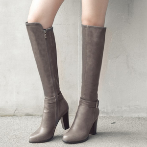 Solid Ankle Buckle Pointed Toe Side Zip Women Knee High Boots Chunky Heel PU Upper High <b>Booties</b> Large Size 43 Boots - Product Image 6