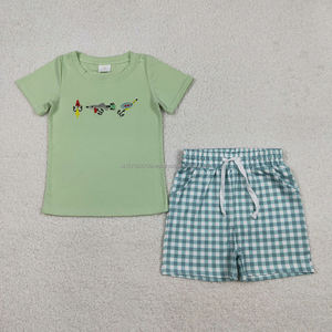 En stock, expédition rapide, haut bleu brodé, shorts à rayures, vêtements d'été pour garçons, vente en gros de vêtements pour enfants, tenues de boutique, styles pour enfants - Product Image 6