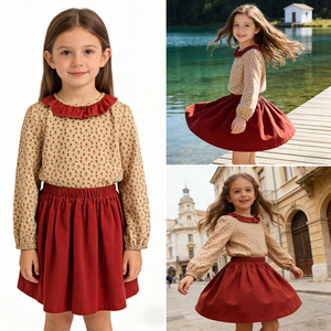DC Conjuntos Ropa Niñas Mayoreo Toddler Outfit 2 Piezas Flanela Blusa Falda Vino 2-7A Moda Colegio Diario - Product Image 2