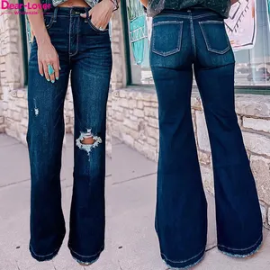 Dear-Lover Odm Custom Logo Private Label Jeans Pants Teal High Waist Ripped Bell Bottom Ladies Jeans