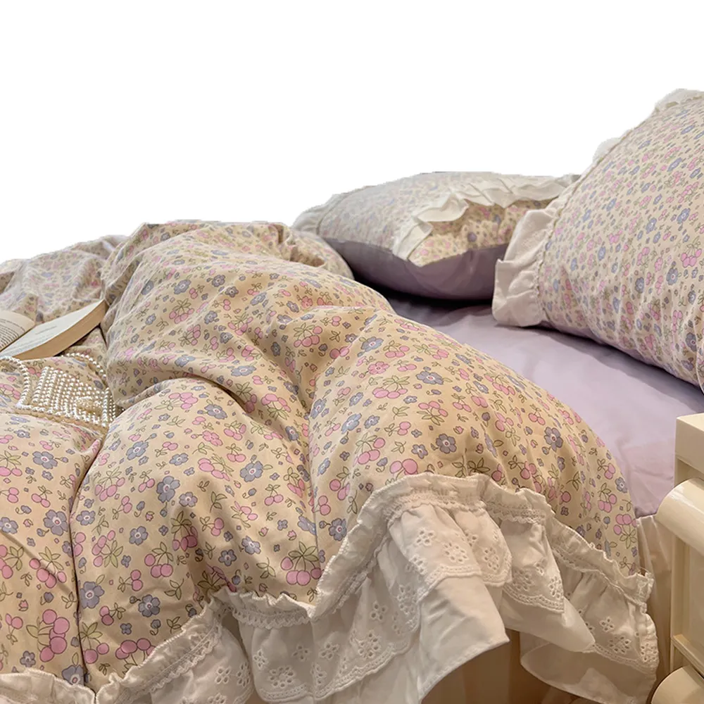 Hotel Bedding Set 100% Algodão Coleções Decoração Fada Ruffled Floral Fresco Princesa Vento Algodão Conjunto de quatro peças