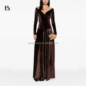 Abito di Lusso in Velluto <span class=keywords><strong>su</strong></span> <span class=keywords><strong>Misura</strong></span>, Produzione OEM/ODM, Scollo a V, Vita Alta, Maniche Lunghe, Fabbrica di Abbigliamento di Alta Qualità - Product Image 1