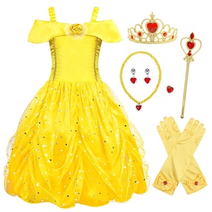 Halloween <span class=keywords><strong>Cosplay</strong></span> bambine con spalle scoperte Ruffle Belle Princess Costume Dress up festa di compleanno paillettes Princess Belle Dress - Product Image 2