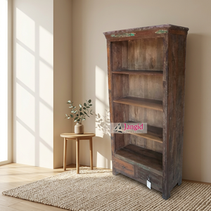 Rustic Vintage Look Wooden <b>Open</b> Bookcase <b>Bookshelf</b> with 2 Drawer and 4 Shelf For Living Room Hotel Farmhouse Indian Furniture - Product Image 6