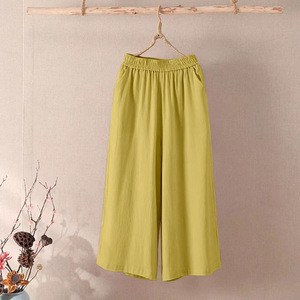 Women's Cotton Linen Wide Leg Pants Solid Color <b>Elastic</b> Waist Loose Fit Casual Seven Point Pants Plus Size - Product Image 1