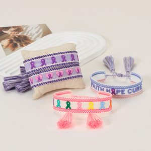 Pulseras <span class=keywords><strong>de</strong></span> la <span class=keywords><strong>Amistad</strong></span> Tejidas al por Mayor para Mujer, Conciencia sobre el Cáncer <span class=keywords><strong>de</strong></span> Mama, Fe, Esperanza, Curación, Tamaño Ajustable, con Borlas - Product Image 1