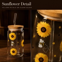 Verre à boire en verre transparent avec couvercle en bois et paille en verre, motif tournesol, pour café glacé, lait, jus, usage domestique et café