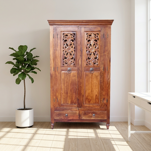 Armoire en bois moderne sculptée à la main avec 2 portes et tiroirs, organisateur de vêtements pour chambre, hôtel, ferme, style indien - Product Image 4