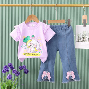 2024 nouvel été filles ensemble papillon parquet jean et mignon lapin haut-doux été deux pièces ensemble - Product Image 1