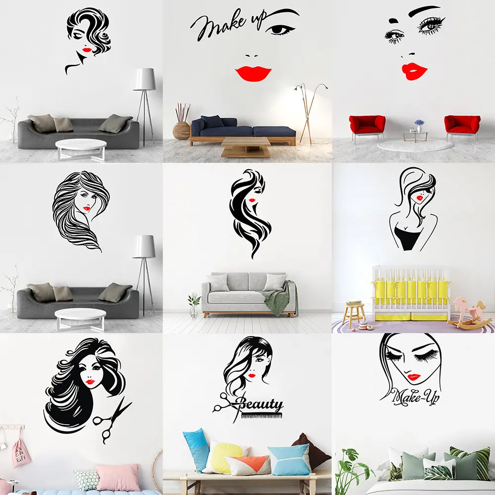 Autocollant mural pour salon de coiffure fille visage coiffure Stickers muraux pour fenêtre salon de coiffure Décoration