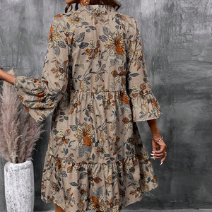 Minivestido con estampado floral y cuello en V, manga tres cuartos, estilo bohemio, corte holgado, vestido informal tejido de verano - Product Image 6