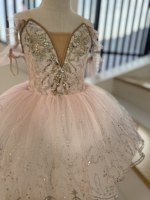 Gaun Tutu Balet Renda Berkilau Warna Pink untuk Anak Perempuan, Tutu Pancake Berhias Bunga dengan Payet, Kostum Tari Anak untuk Rekreasi