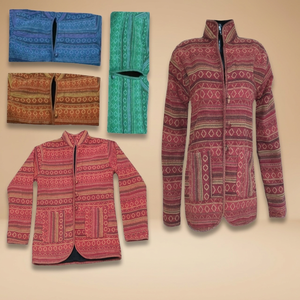 SK NOOR SONS Free Size Cotton Woolen Boho <b>Hippie</b> <b>Jacket</b> Elegant Floral Pattern Ruffles Stylish Button Feather Zipper Sustainable - Product Image 4