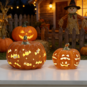 Juego de Decoración Luminosa de Calabazas de Cerámica (Diseño con Recortes de Murciélagos y Caras) - Adorno para Interiores y Exteriores de Halloween - Product Image 1