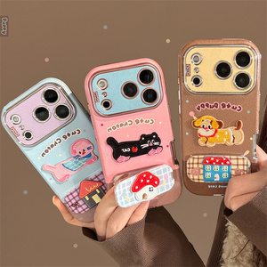 Cartoon Leather Puppy holder Mirror Phone case for <b>iPhone</b> 17 16 Pro Max Embroidery Dog cute Bracket cat <b>Stand</b> Chaton back Cover - Product Image 2