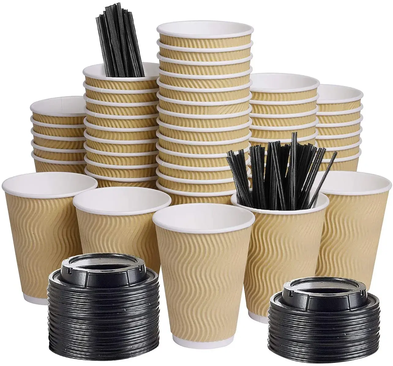 12 oz tek kullanımlık kalınlaşmış kağıt kahve kapaklı kupa ve kollu, ev için sıcak kahve fincanları gitmek için, ofis, düğün ve kafeler