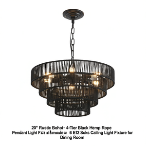 Lustre rustique bohème à 4 niveaux en corde de chanvre noire, 20 pouces, fait main, douilles E12, luminaire de plafond pour salle à manger - Product Image 1