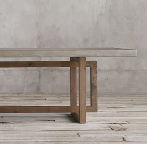 <span class=keywords><strong>Table</strong></span> à manger carrée en bois récupéré rustique américain 8 places en béton posé sur un noyau en bois