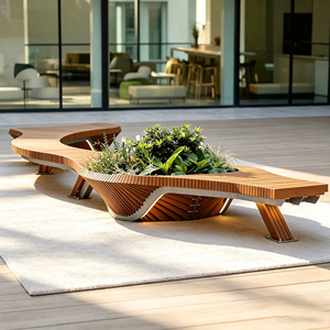 Banc de jardin public en <span class=keywords><strong>bois</strong></span> tropical courbé avec jardinière centrale intégrée et éclairage LED – Idéal pour l'aménagement paysager commercial - Product Image 3
