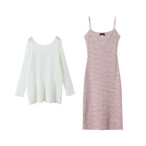 Ensemble robe longue en tricot pour femme Happy Plus, robe rose avec couverture blanche, taille plus, tenue décontractée d'été - Product Image 4