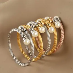 Pulseira de fio de aço inoxidável, elegante, feminina, de ouro rosa, aço inoxidável, expansível, inspirada na pulseira, bracelete com pérola