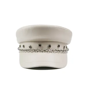 Sombrero plano liso de alta calidad de fábrica de Guangzhou, gorra de vendedor de periódicos con cadena y decoración de estrellas, sombrero de estilo de moda para niñas