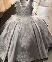 Nouvelle robe en satin gris pour filles élégante robe à fleurs brodées pour filles robe bouffante princesse noble