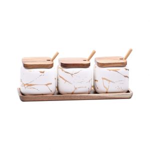 Wholesale <b>Vintage</b> Style Ceramic Spice Jar & Sugar Bottle Set with Wood Rack Freezer Safe Multifunction Design - Product Image 1