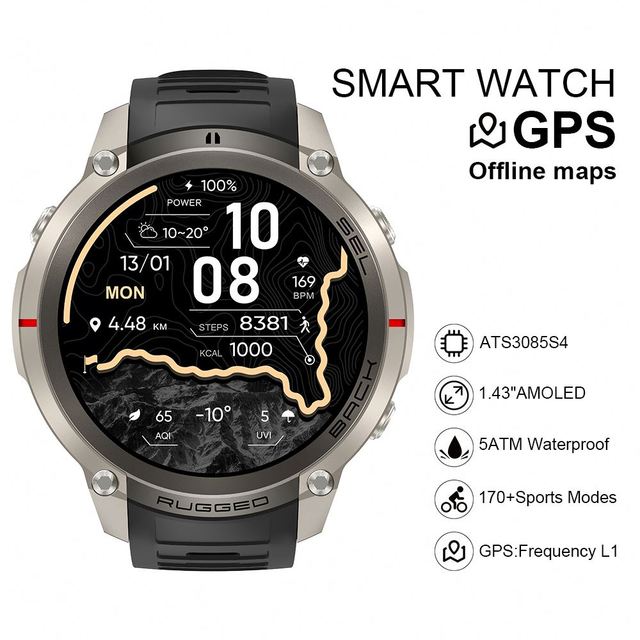 ERON DM59 Smart Watch Offline Map Built-in GPS 1.43inch Amoled Screen 5ATM Waterproof Compass Sports Relojes Smartwatch for Men