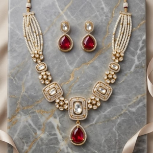 Elegant 925 Silver <b>Ruby</b> Pearl <b>Necklace</b> Set Traditional Bridal Jewelry Ethnic Pendant Earrings Design for Women Wedding Jewelry - Product Image 3