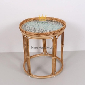 Custom Wholesale Modern Rattan Nightstand <b>Table</b> Mother of Pearl Mosaic Top <b>Round</b> <b>Bedside</b> Coffee Side <b>Table</b> Set - Product Image 1