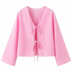 <span class=keywords><strong>Blusa</strong></span> de Moda Casual de Color Sólido con Cuello en V y Cordones Delanteros de <span class=keywords><strong>Manga</strong></span> <span class=keywords><strong>Larga</strong></span> para Mujer - Product Image 2