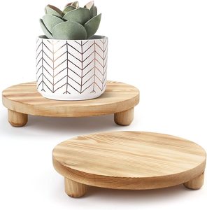 Lot de 2 plateaux ronds en bois sur pieds élégants pour la présentation de plantes d'intérieur sur comptoir de cuisine ou pour la décoration - Product Image 2