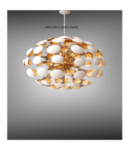 Lustre moderne de style Mid-Century en laiton, design Pissenlit Sputnik, suspension de style Stilnovo italien avec disque blanc, luminaire de plafond - Product Image 1