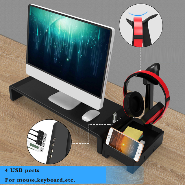 Hot Selling Gaming Room Creative Monitor Stand Riser Adjustable Length Table with USB Headphone Holder Drawer