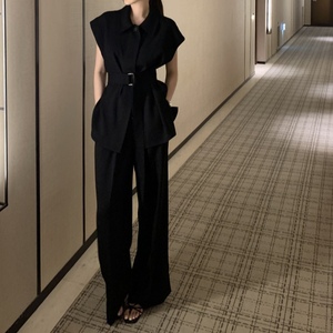 Women's Summer Collared Sleeveless Tie-Front Blouse & High-Waisted Wide-Leg <b>Pants</b> 2-Piece Set Fashion - Product Image 2