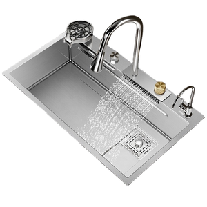 Évier de cuisine moderne multifonctionnel en acier inoxydable, cascade noire avec fonction coulissante intelligente - Product Image 1